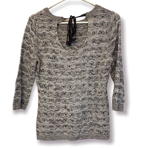 Maurices 3/4 Sleeve Sweater keyhole tie open back gray metallic open knit top M - Picture 1 of 11